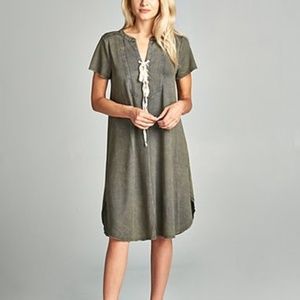 Hyku, denim green lace-up front shift dress.